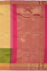 Off White Kanchipuram Silk Saree with Tissue Small tear drop body with Layered elephant, rudraksha, Annam Double Border and Pink grand mango with diamond design tissue pallu