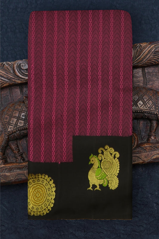Pink and Black Woven Kanchipuram Silk Saree with Threadwork Vertical body with Peacock Motif Contrast border and Black Pallu with Floral Motif