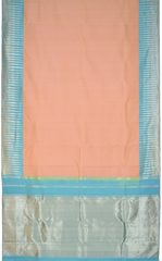 Light Peach Kanchipuram Silk Saree with Plain Silver Zari body with Temple Contrast border and Grand Powder Blue Tissue Pallu with silver zari