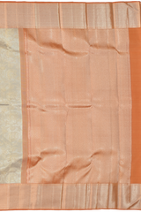 Grey Kanchipuram Silk Saree with Tissue Floral motif body with Diagnol stripes Contrast border and Orange Pallu with diagnol silver zari lines