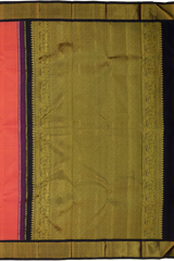 Peach and Pink Double Color Kanchipuram Silk Saree with Plain Double Color body with Diamond Contrast border and Navy Blue Yaali and Annapakshi with small diagnal motifs Pallu