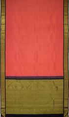 Peach and Pink Double Color Kanchipuram Silk Saree with Plain Double Color body with Diamond Contrast border and Navy Blue Yaali and Annapakshi with small diagnal motifs Pallu