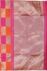 Orange- Pink-Silver Block Checks Kanchipuram Silk Saree with Block Checks on the body with Orange PinkSilver Block Checks border and Grand Silver Zari Tissue Pink Pallu