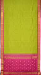 Parrot Green Kanchipuram Silk Saree with Plan Silk Saree with Mango Butta on the body with Pink contrast border and Pink Pallu with Thandavalam Border with mango Buttas