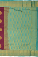 Purple Kanchipuram Silk Saree with Blue contrast border and Blue Pallu with tear shaped motif and annam