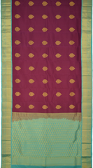 Purple Kanchipuram Silk Saree with Blue contrast border and Blue Pallu with tear shaped motif and annam