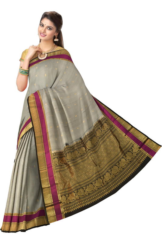 Steel Grey Kanchipuram Silk Saree with Kalakshetra Thread Woven on the body with Purple and Black dual color border and Black Pallu with biege threadwork with peacock motif
