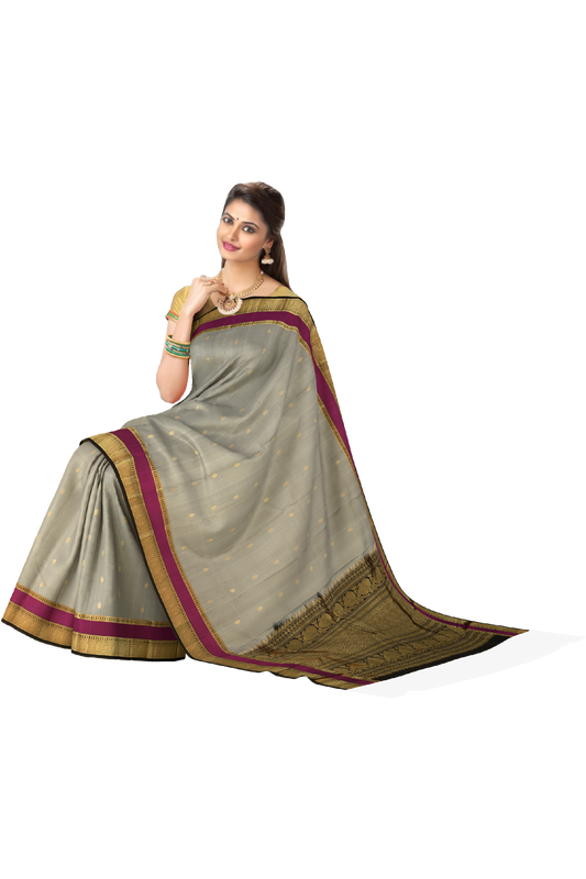 Steel Grey Kanchipuram Silk Saree with Kalakshetra Thread Woven on the body with Purple and Black dual color border and Black Pallu with biege threadwork with peacock motif