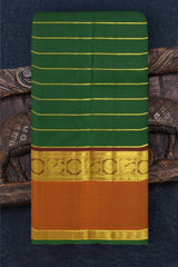 Bottle Green Kanchipuram Silk Saree with Horizontal Neli on the body with Orange and Maroon dual color border and Grand Maroon Pallu with Peacock, Rudraksham with Coin Buttas with diamond lines