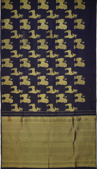 Navy Blue Kanchipuram Silk Saree with Animal on the body with Navy Blue self border and Grand Navy Blue Pallu with zig zag pattern