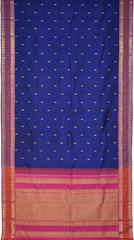 Blue Kanchipuram Silk Saree with Kalakshetra Thread Woven threadwork on the body with Annapakshi Woven contrast border and Pink Color Pallu with Annapakshi, Mango, and Zig Zag design.