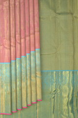 Pink Kanchipuram Silk Saree with checks, tissue, and pink podi kattam designs on the body with powder blue contrast border featuring benarspet with round motif and diamond butta design in pallu