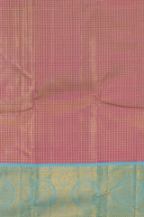 Pink Kanchipuram Silk Saree with checks, tissue, and pink podi kattam designs on the body with powder blue contrast border featuring benarspet with round motif and diamond butta design in pallu