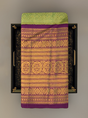 Lime Green Kanchipuram jacquard Silk Saree with intricately designed patterns on the body with wine purple vaada malli contrast border and peacock, diamond designs in pallu
