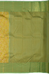 Yellow Kanchipuram Silk Saree with pink flower designs on the body with pista green contrast border and grand floral design with diamond motif in pallu