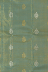 Light Blue Kanchipuram Tissue Silk Saree with embossed designs on the body with violet contrast border and annam, gatti pallu, and grand designs in pallu