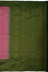 Pink Kanchipuram Silk Saree with Tissue, Embossed, Brocade on the body with bottle green contrast border and pallu featuring gene intricately designed diamond butta