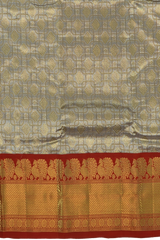 Steel Gray Kanchipuram Silk Saree with Tissue, Embossed, Brocade on the body with red contrast border and pallu featuring peacock, elephant, grand, intricately designed