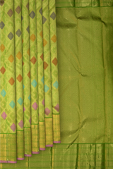 Lime green Kanchipuram Silk Saree with Tissue, Embossed, Meenakari, Diamond design with multicolour threadwork on the body with light green with lavender selvage contrast border and pallu featuring grand, floral intricately designed grand pallu